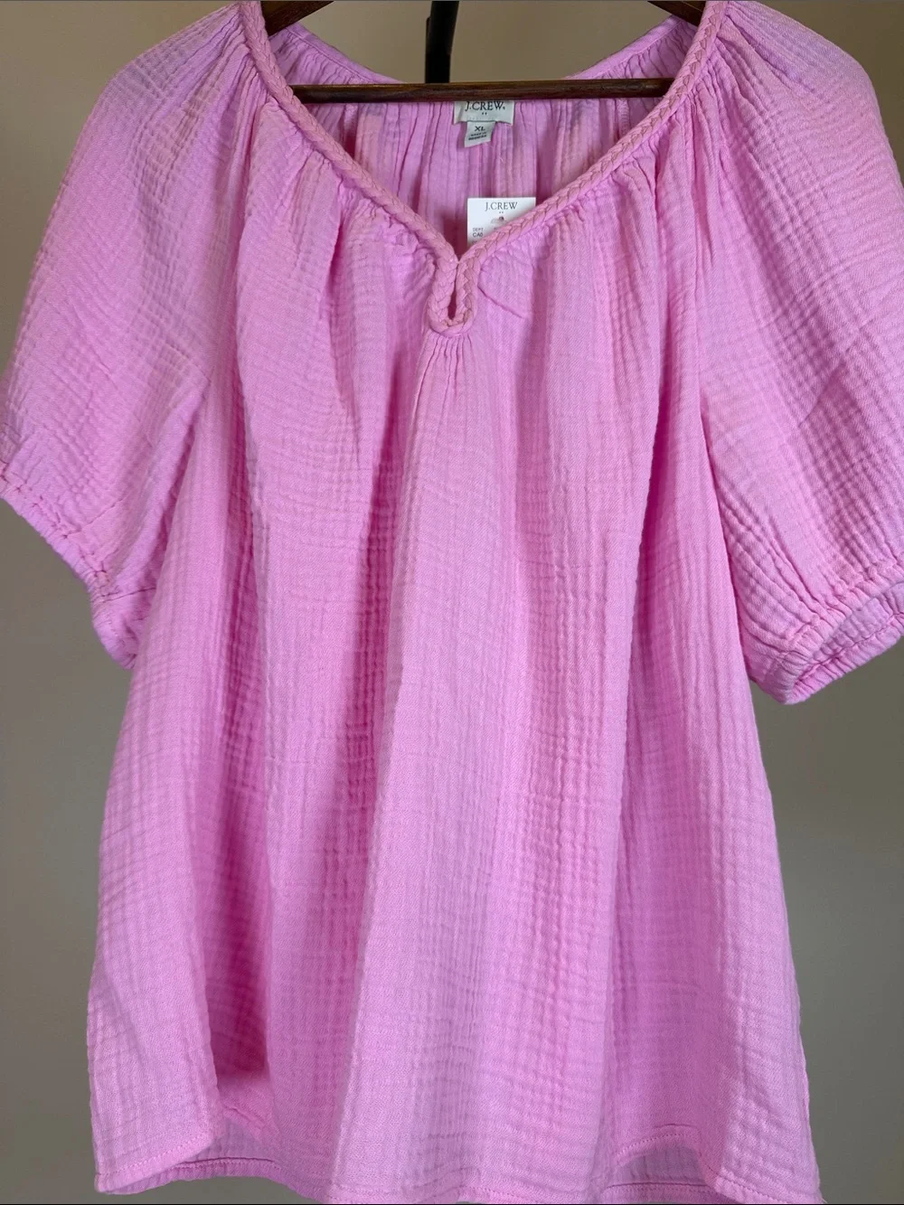 J. Crew Factory Pink Cotton Gauze Puff Sleeve Braided Neck Top | Size XL - Picture 5 of 8